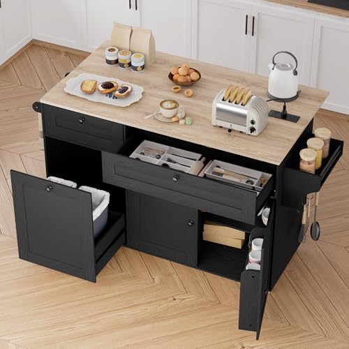 Rolling Kitchen Island on Wheels, Kitchen Islands Cart with Trash Can Storage Cabinet, Portable Island Table with Power Outlet, Drop Leaf, Spice Rack, and Drawers, Black
