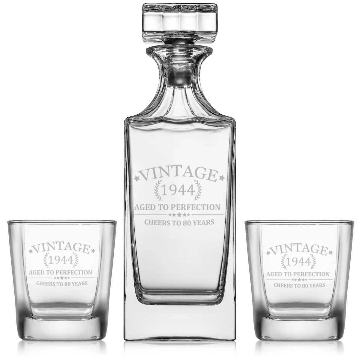 Whiskey Decanter Gift Set With 2 Whiskey Old Fashioned Rocks Glasses Cheers To 80 Years Vintage 1944 80th Birthday