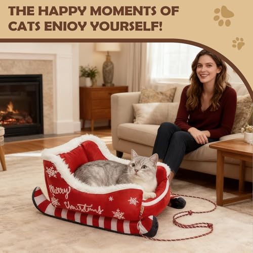 Christmas Sleigh Dog Beds | Christmas Themed Pet Sleigh Bed | Holiday Plush Pet Beds | Interesting Red Christmass Cat DogBeds, Washable Comfort, for Indoor Outdoor Use