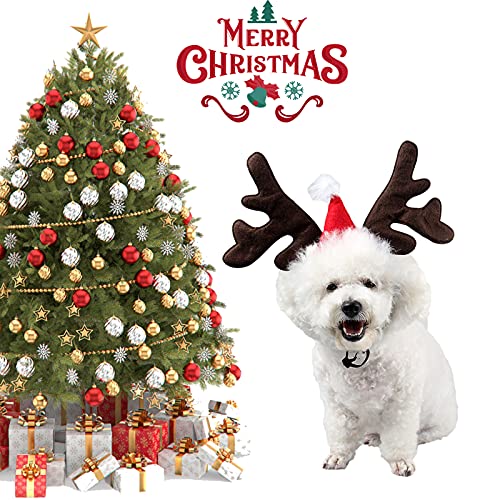 SOGAYU Christmas Dog Elk Reindeer Antler Headband Santa Hat Cap Pet Xmas Costume Headwear Adjustable Accessories for Cat and Puppy Small Dog