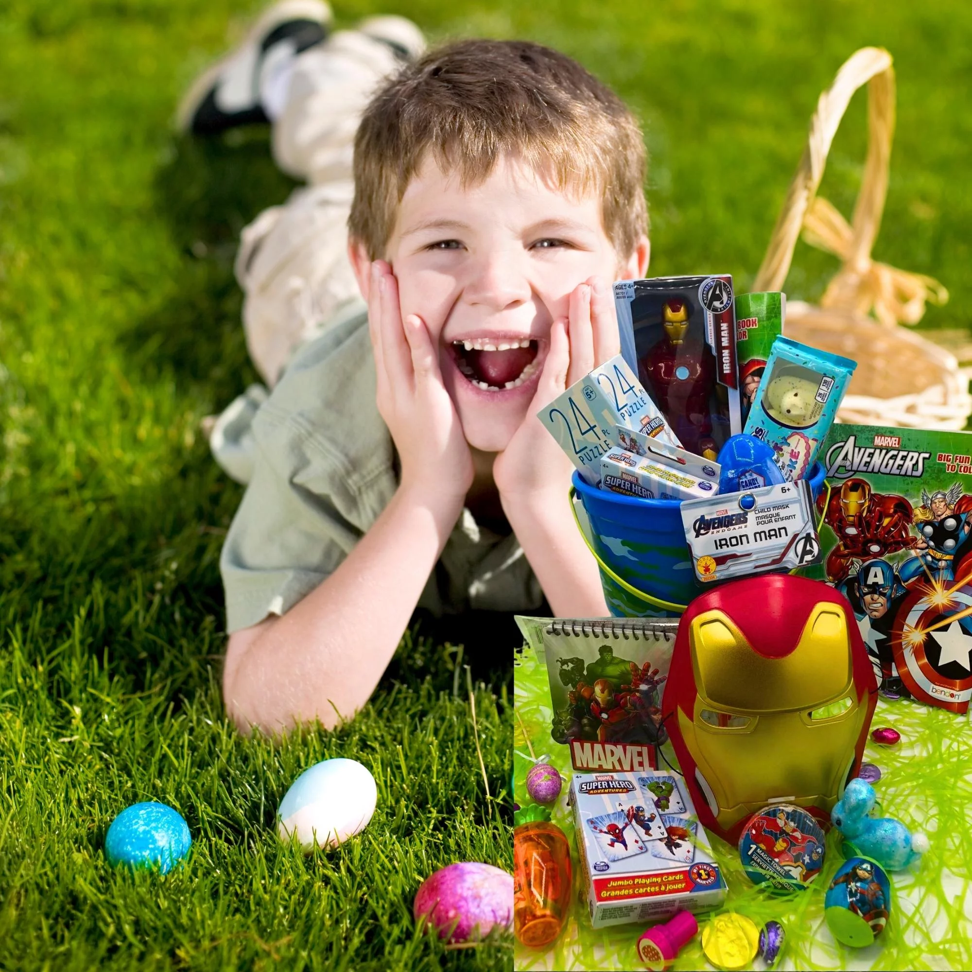 Iron Man Superhero Easter Basket, 12 in Ironman Figure, Child Mask, Puzzle, Coloring Book, Peeps, Ball, Candy for Kids, Boys, Girls ,Holiday, Birthday, Care Package (Contents Vary)