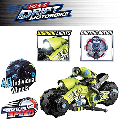 Liberty Imports 2.4Ghz RC Motorcycle Remote Control Stunt Drift Bike Racing Vehicle - 1/10 R/C High Speed Cyclone Motorbike and Riding Figure with 360° Spinning Wheels Action (Green)