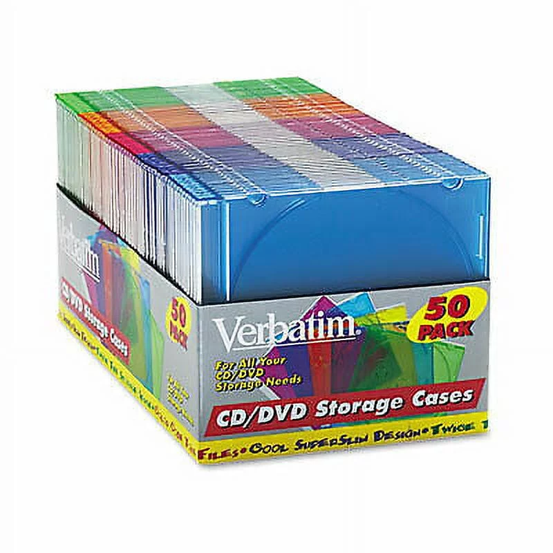 Verbatim CD/DVD Color Slim Jewel Cases, Assorted - 50pk Jewel Case - Book Fold - Plastic - Blue, Green, Yellow, Purple, Pink - 1 CD/DVD