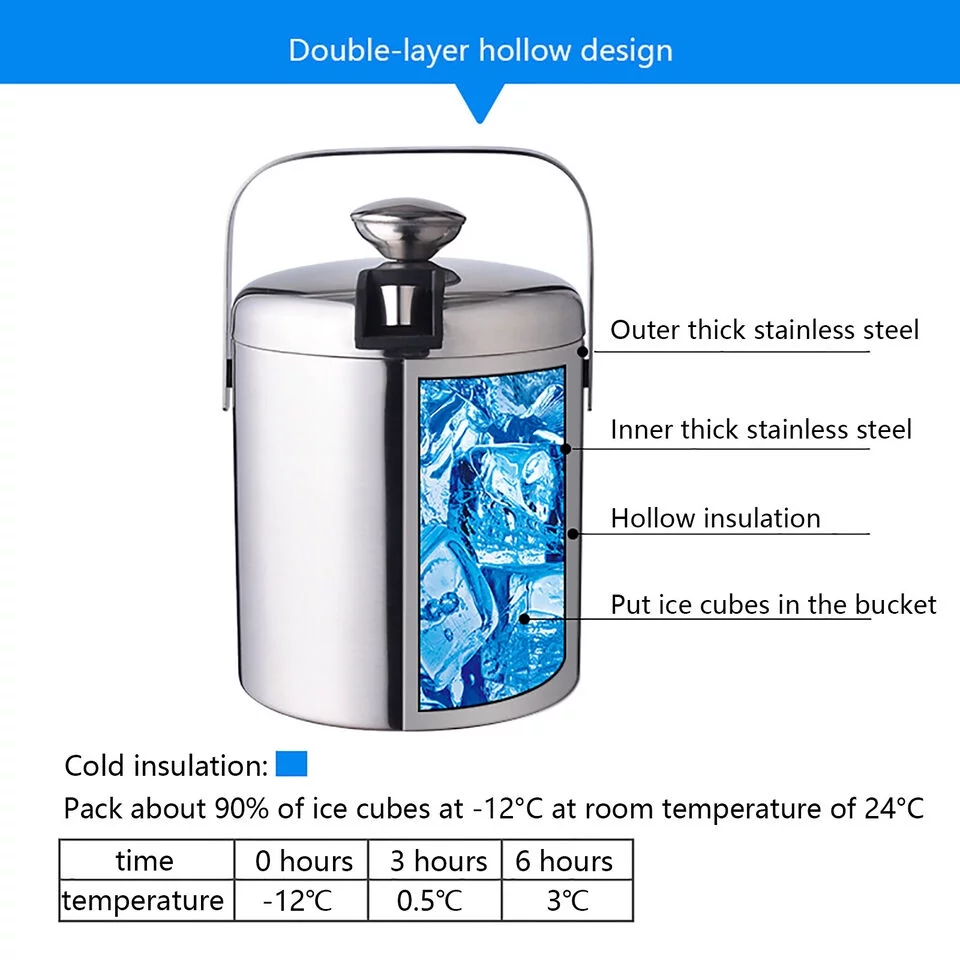 YIYIBYUS Stainless Steel Ice Bucket Double Wall Insulated Ice Bucket Champagne &Wine Bucket1.3L with Lid Strainer and Ice Tong