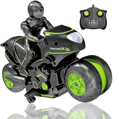 RC Motorcycle, Remote Control Motorcycle 360° Spinning Wheels Stunt Motorbike - Rotating Drift 2WD High Speed Car Toys with Riding Figure - Gift for Kids Boys Girls(Green)