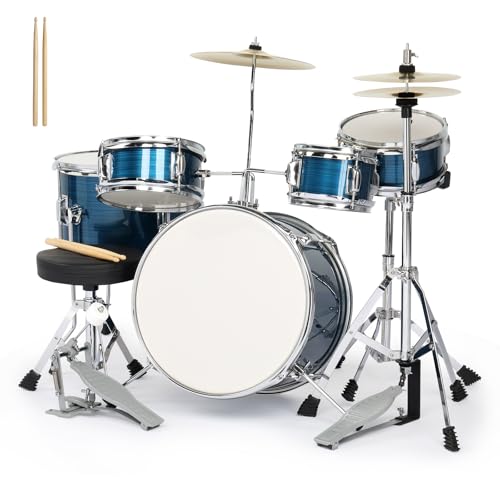 Ktaxon 5-Piece Complete Junior Drums Set, 14 Inch Beginners Drum Kit with Throne Stool, Pedal & Drumsticks, Kids Drums Musical Instruments W/Cymbal, Hi-Hat, Floor, Tom and Snare Drum (Black)