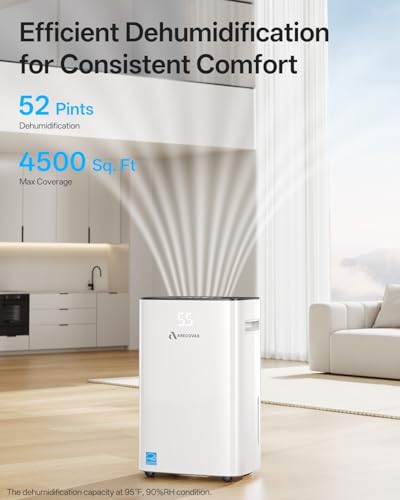 Dehumidifier for Basement, 52 Pints Dehumidifiers for Bedroom Bathroom Large Room Home, 4500 Sq.Ft Dehumidifier with Drain Hose, 2025 Energy Star Certificate, Humidity Control, 24H-Timer, Auto Defrost