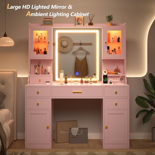 White Makeup Vanity Desk with Mirror and Lights, Large Vanity Table Set with Charging Station, Dressing Table with RGB Cabinets, Makeup Vanity Mirror with Lights Desk and Drawers, 3 LED Lights Modes
