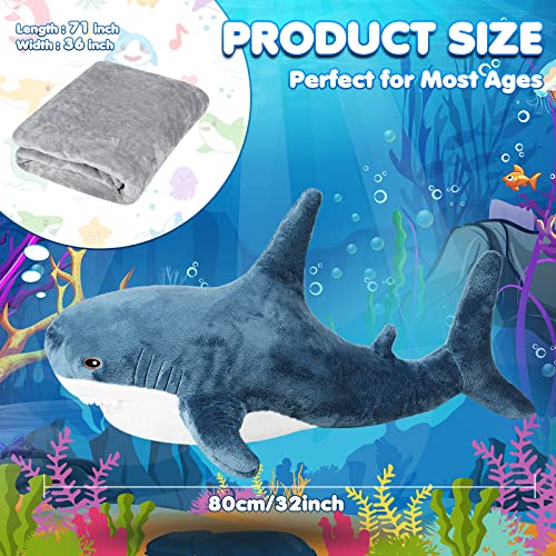 HyDren Shark Plush Toys Shark Stuffed 2 in 1 Animal with Blanket 32 Inch Giant Big Large Stuffed Pillow Blanket Doll for Boys Girls Room(Dark Blue)