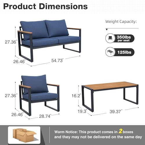 Patio Furniture Set, 4 Pieces Outdoor Patio Furniture with Coffee Table Set, Metal Patio Conversation Sets with Washable and High-Resiliency Sponge Cushions,Upgarded Grey