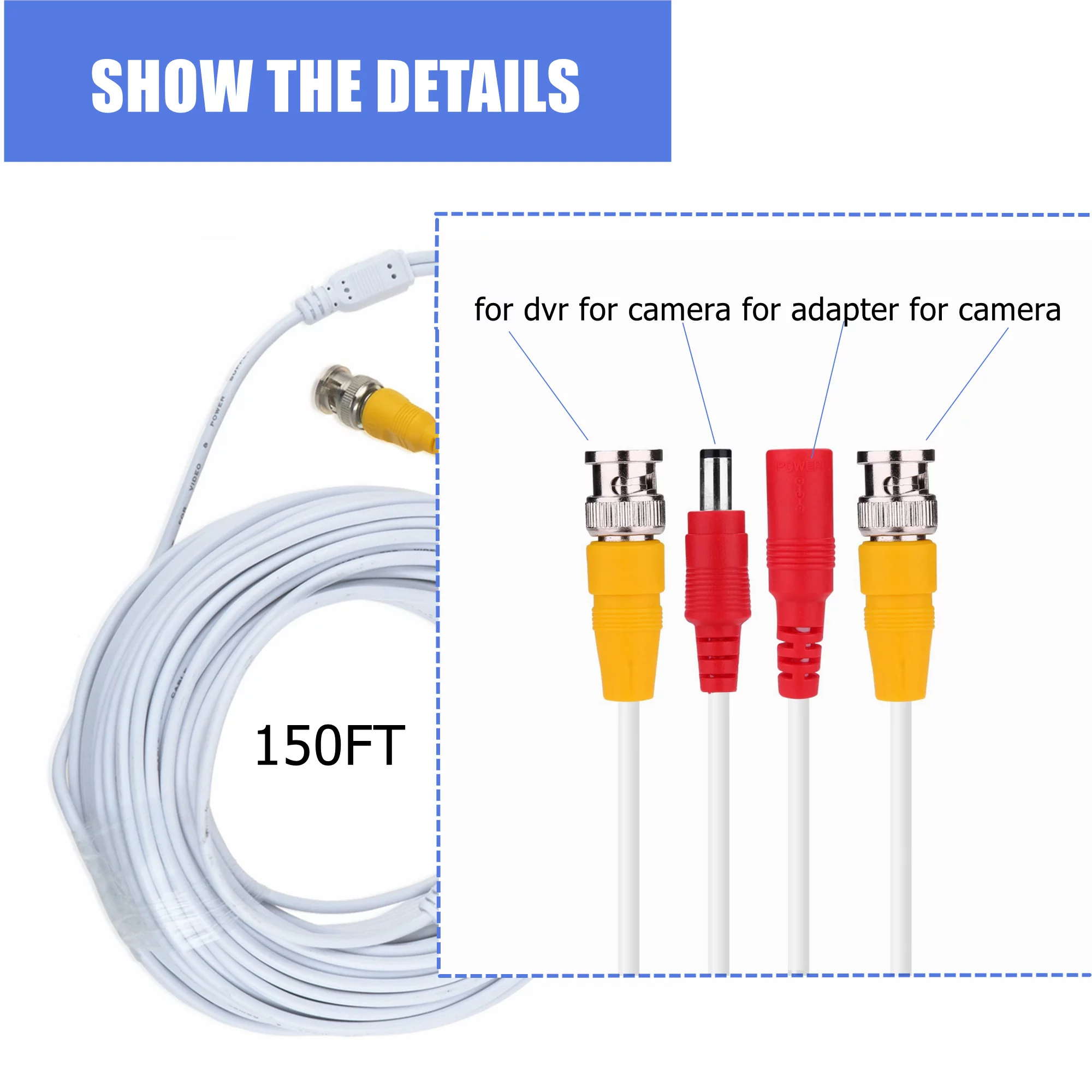 FITE ON 150ft White BNC Extension Power Cable Cord Lead Replacement for Samsung Wisenet SDC-89440BFN Camera