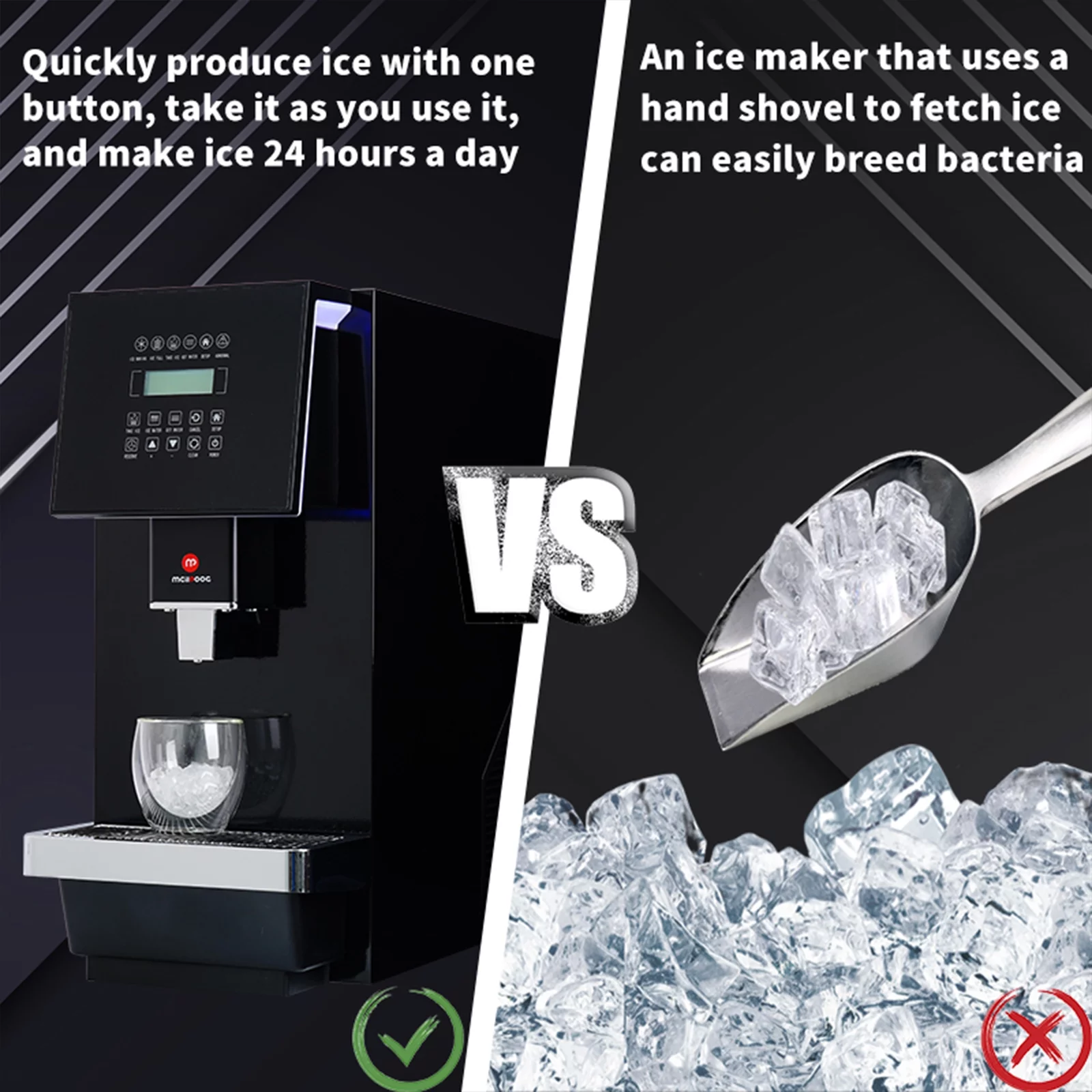 Mcilpoog Ice Maker Fully Automatic Smart Ice Maker 24 Hours Uninterrupted Ice Making, Stainless Steel Ice Maker Ice Storage Capacity 2.2 lbs, Suitable for Home/Restaurant/Office/Food Truck/Bar