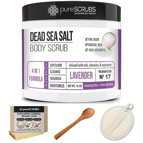 pureSCRUBS Premium Eucalyptus Body Scrub Set - Large 16oz Dead Sea Salt Body Scrub With Infused Essential Oils & Nutrients, Includes Wooden Spoon, Loofah & Oatmeal Exfoliating Bar Soap