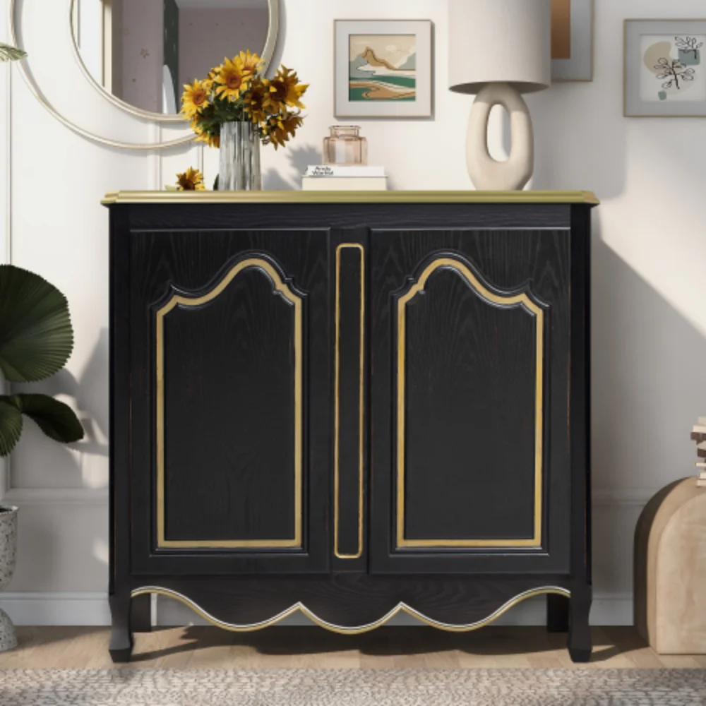 Accent Storage Cabinet with 2 Doors,Pure Hand Drawn,Solid Wood Legs,Suitable for living room, study and Entryway Black + Solid Wood+MDF