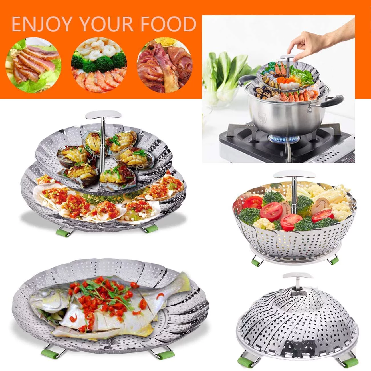 Food Steamer Basket, Double Layer Stainless Steel Kitchen Steamer Collapsible Steamer, Insert for Veggie Fish Seafood Cooking, Expandable to Fit Various Size Pot (7.5