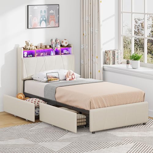LIKIMIO Twin Bed Frame with 2 Storage Drawers, Charging Station & LED Lights, Upholstered Platform Twin Bed with Storage Headboard, Strong Wooden Slats, No Box Spring Needed, Easy Assembly, Beige