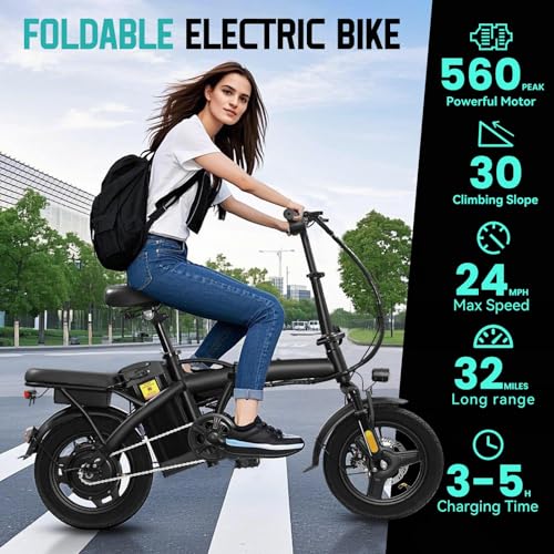 Folding Electric Bike for Adults and Teens, 560W Motor 24MPH Compact Commuter Ebike, 32 Miles Range, 48V 10Ah Battery, 3-Level Pedal Assist, 14