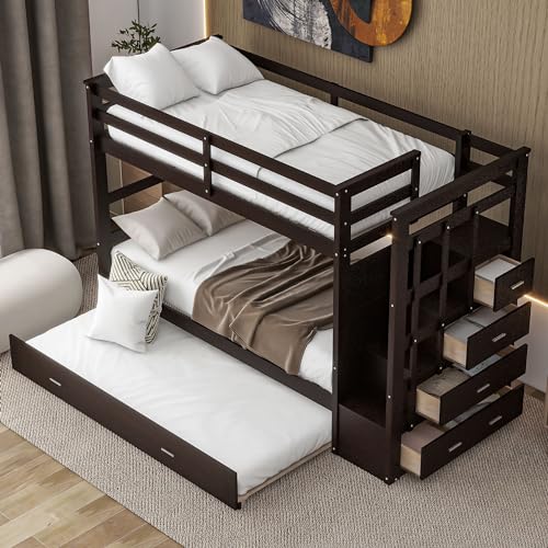 Harper & Bright Designs Full Over Full Bunk Bed with Twin Size Trundle and Stairs, Kids Bunk Beds with Storage Drawers, Wood Full Bunk Beds with Trundle and Guardrail for Kids Teens Adults, Espresso