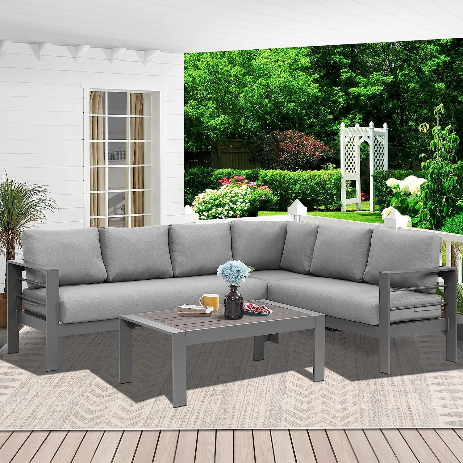 sell well Lane Aluminum Outdoor Patio Furniture Set  Metal Outside Patio Furniture Conversation Sets with Dining Table&2 Ottomans  Sectional Sofa Couch Seating Set with Cushion for Ba