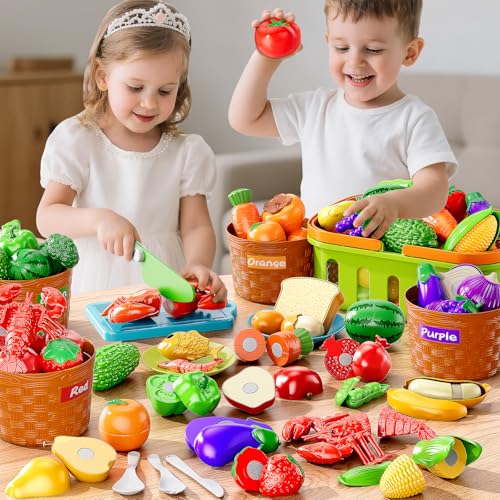Play Food Set for Kids, Toddler Learning Toys, Cutting Food Toy Color Sorting Set, Pretend Food Play Kitchen Accessories for Kids, Birthday Gifts for 3-8 Years old Boys Girls Educational Toys