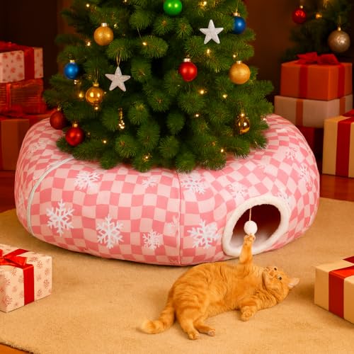 Christmas Tree Cat Tunnel Bed Peekaboo Cat Cave Donut Under Christmas Tree with Soft Cushion & Hanging Ball Toy Candy Cane Design Cat Interactive Playground Perfect for Kittens, Ferret, Rabbit