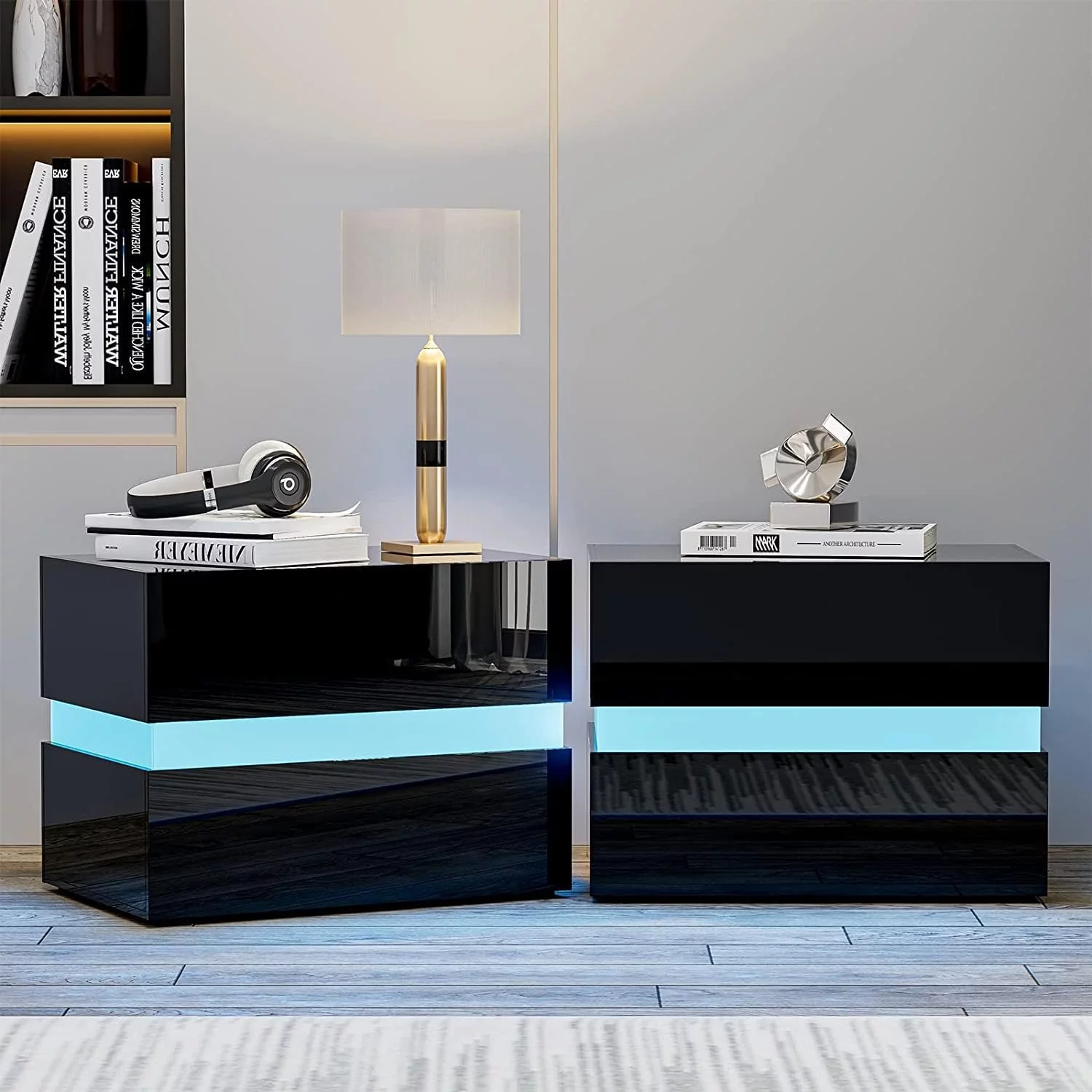 IKIFLY Modern LED Nightstand Set of 2, Bedside Table with with 2 High Glossy Drawers & LED Lights, End Table Side Table for Bedroom Living Room - Black