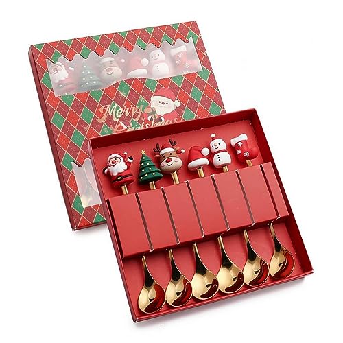 Stainless Steel Christmas Tree Tea Spoon Set - 6pcs (Xmas Coffee, Dinner, Dessert, Stirring, Ice Cream) Creative Tableware Gift, Holiday Party Supply