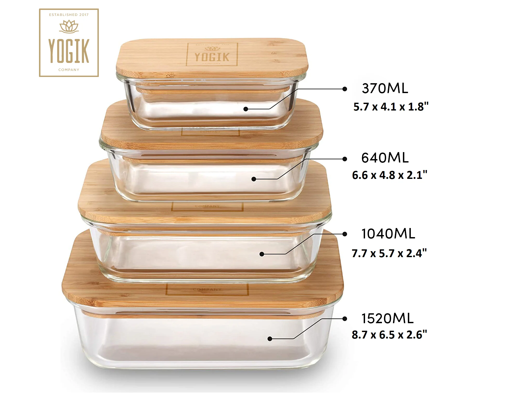 YogiK Set of 4 Rectangular Glass Food Storage Containers with Eco-Friendly Bamboo Lids - Plastic Free - Phthalate Free - LFGB Approved – FDA Approved - Ovenproof Glass up to 520 degree C