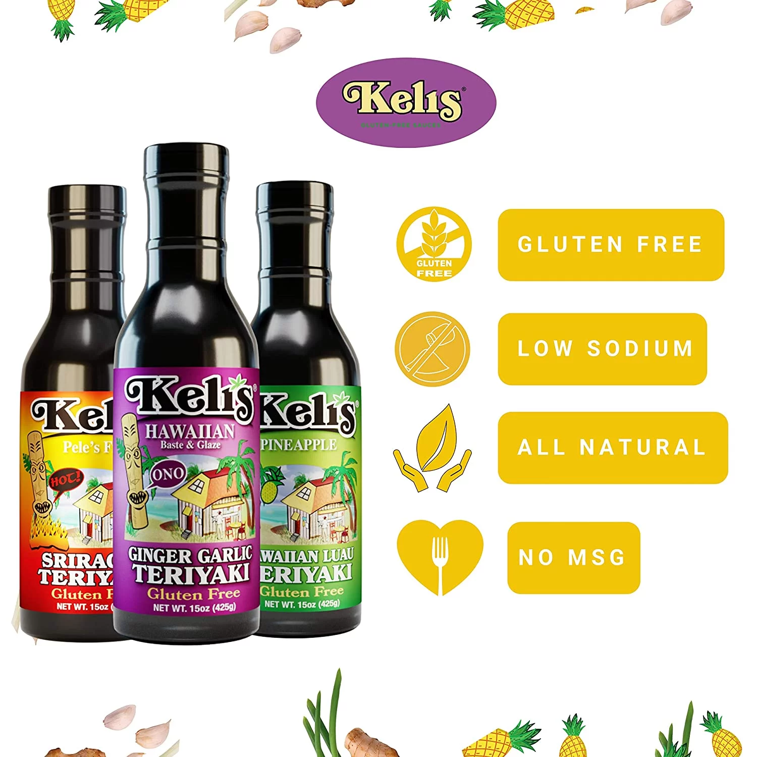 Keli's Sauces Low Sodium & Gluten Free Backyard BBQ set with Teriyaki Sauce Marinade for All occasions, Teriyaki Wing Sauces Variety 3-Pack with FREE Silicone Basting Brush