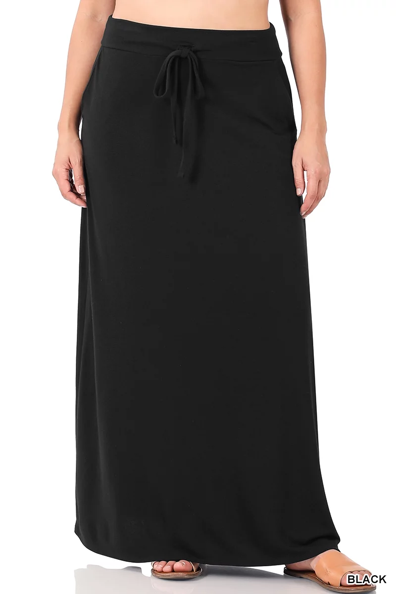 Zenana Women & Plus Relaxed Drawstring Waist Draped Basic Maxi Skirts with Side Pockets