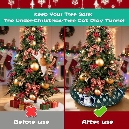 LUCKITTY Christmas Snowflake Print Cat Tunnel Under Tree, Velvet-Touch Jacquard Fabric with Hanging Plush Ball, 10-Inch Diameter 3-Ft Wide Round Pet Tube - Plush & Festive Cat Diversion Red