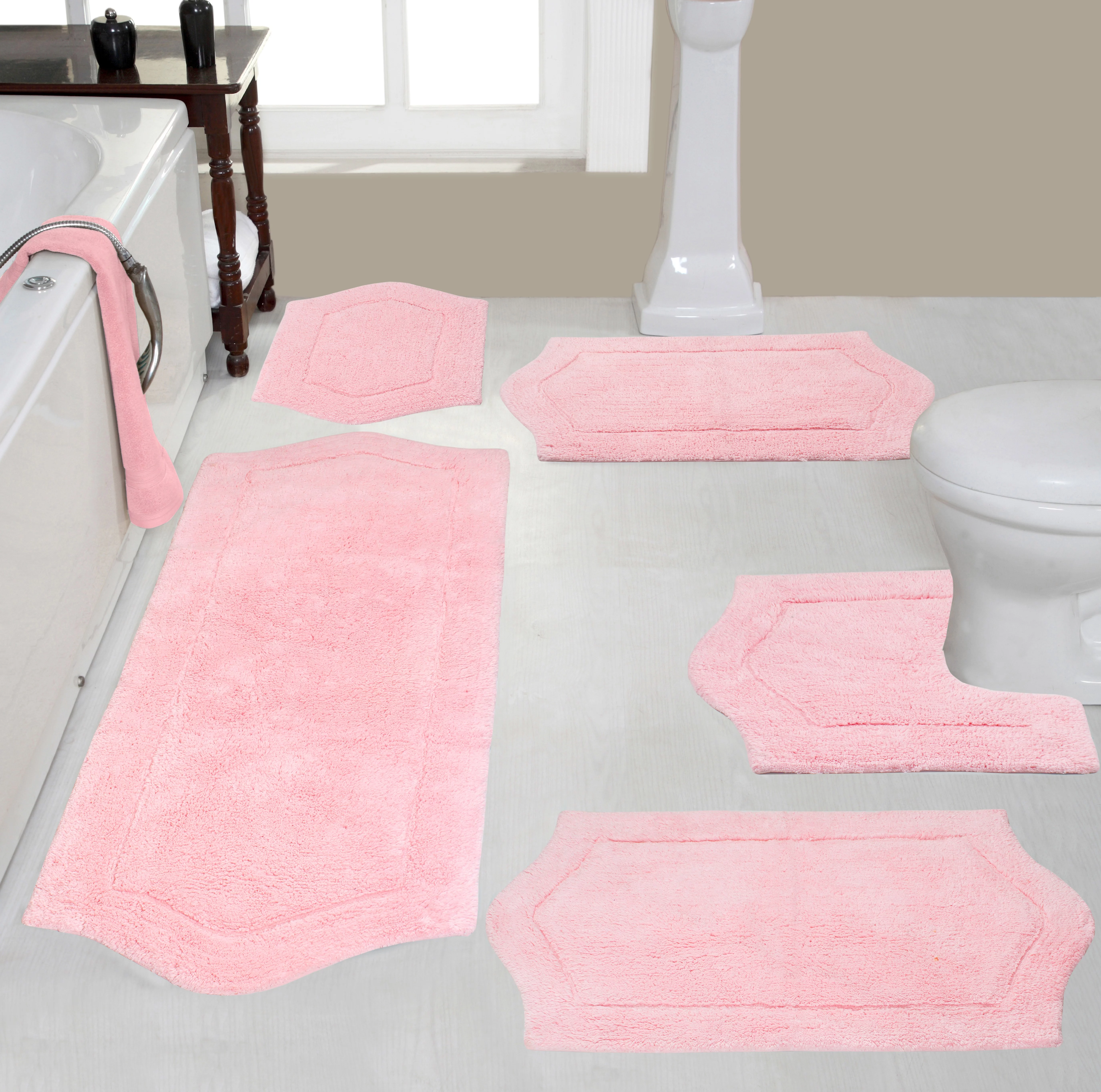 Home Weavers Inc Waterford Collection 100% Cotton Non-Slip Bathroom Rug Set, Machine Washable Bath Rug, 5 Piece Bath Mat Set with Contour Pink