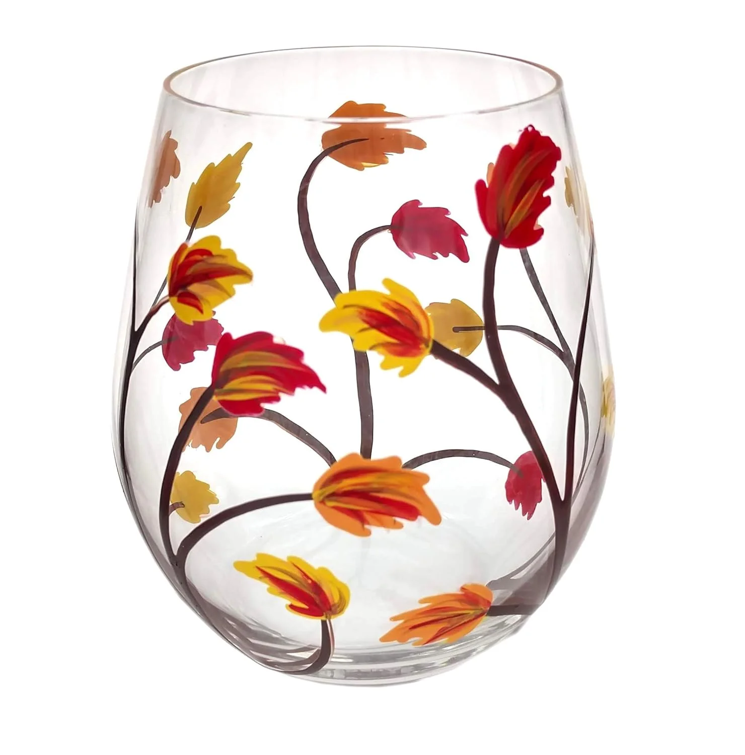 Fall Leaf Stemless Hand Painted Wine Glass - 18 Ounce - Fall Leaves, Orange, Red, Yellow