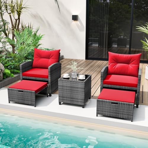 Tangkula 5 Piece Patio Rattan Furniture, Wicker Cushioned Chairs Set w/ 2 Ottomans & Tempered Glass Coffee Table, for Poolside, Backyard, Lawn, Deck (Mix Brown+Black)