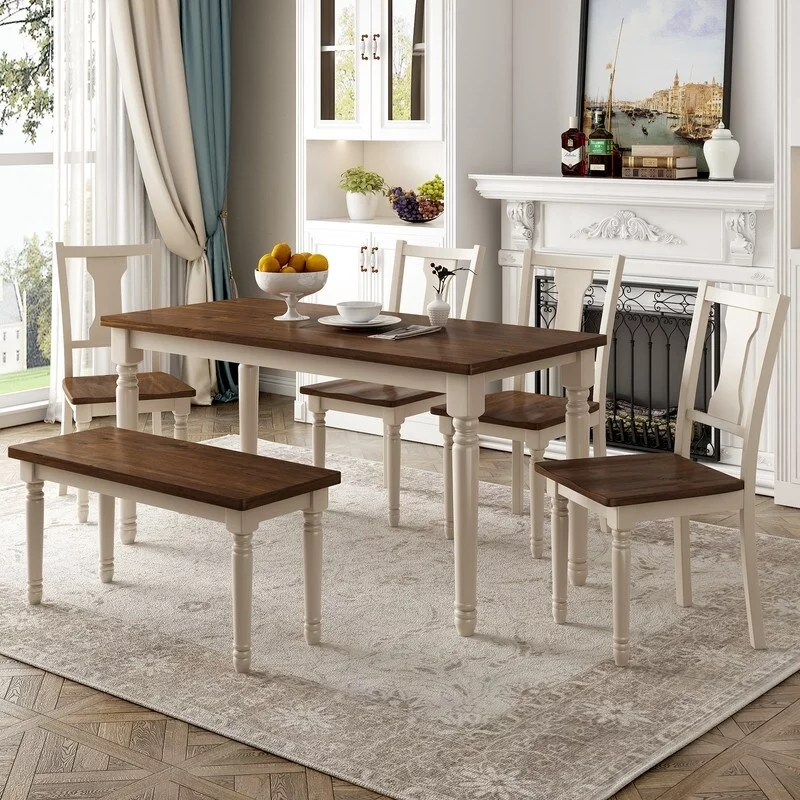 6 piece classic wooden dining table with 4 chairs and kitchen bench, family furniture Brown+Cottage White