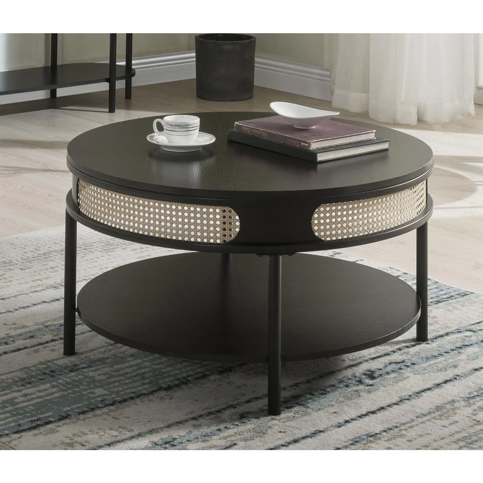 ACME Colson Round Wood Top Coffee Table with Bottom Shelf in Black
