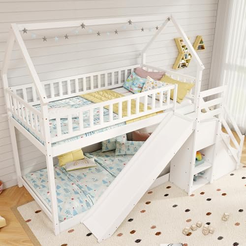 Giantex House Bunk Bed Twin Over Twin with Slide & Stairs, Wood Bunk Bed with Storage Shelves, No Box Spring Needed, Twin Floor Bed for Kids Teens Boys Girls (White)