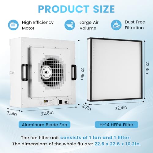 YJINGRUI Laminar Flow Hood, H-14 HEPA Filter with Safety Locks, Class 100/ ISO Class 5 Cleanliness, Fan Filter Unit 22.6x22.6in Flow Hood Mycology/Clean Room/Laboratory 110V
