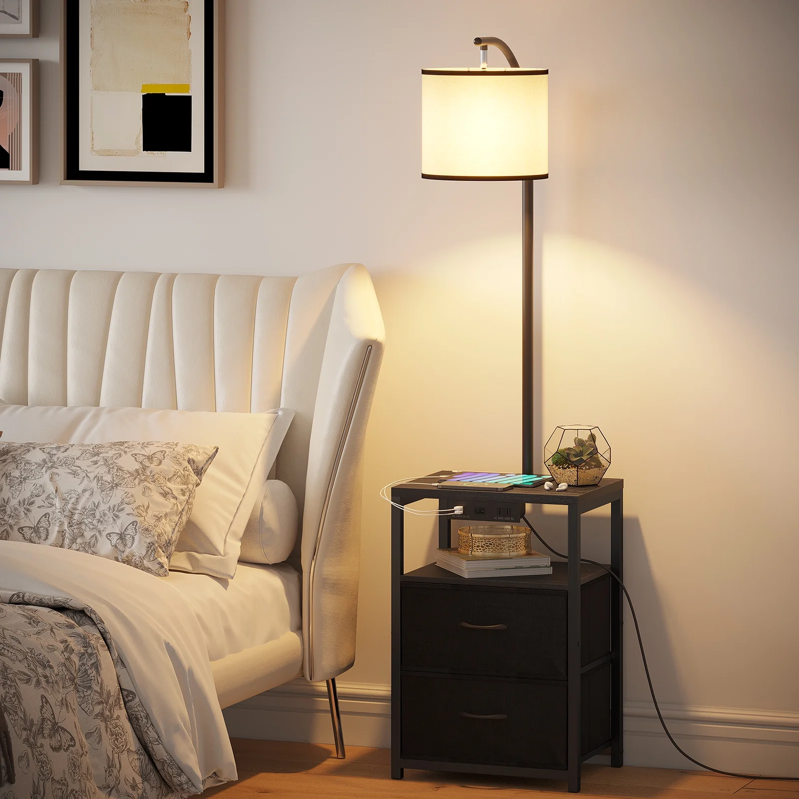 AOHAO Floor Lamp with Table and Drawers, Lamp with USB Port and Outlet for Nightstand, Walnut