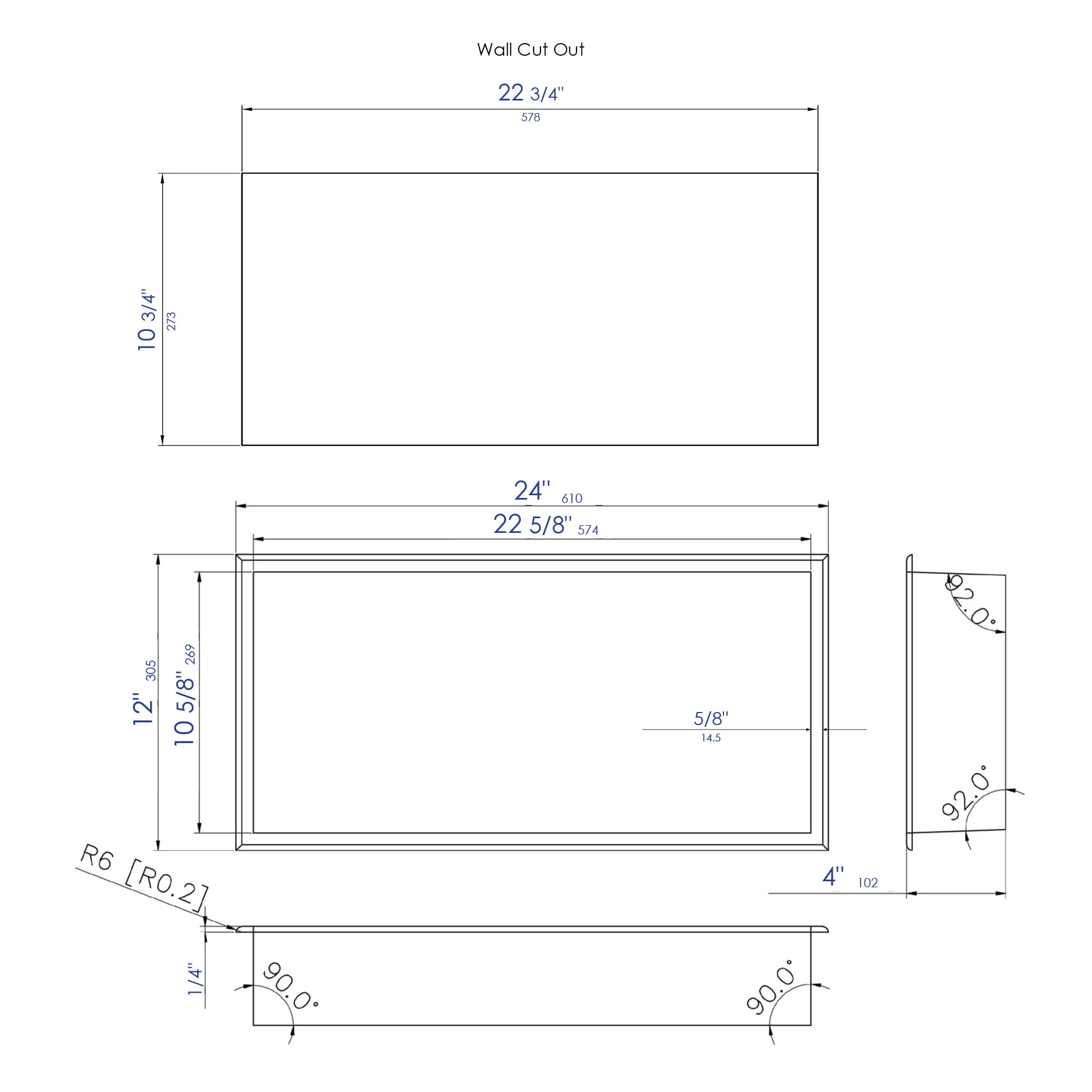 ALFI brand ABNP2412-BG 24" x 12" Brushed Gold PVD Stainless Steel Horizontal Single Shelf Shower Niche
