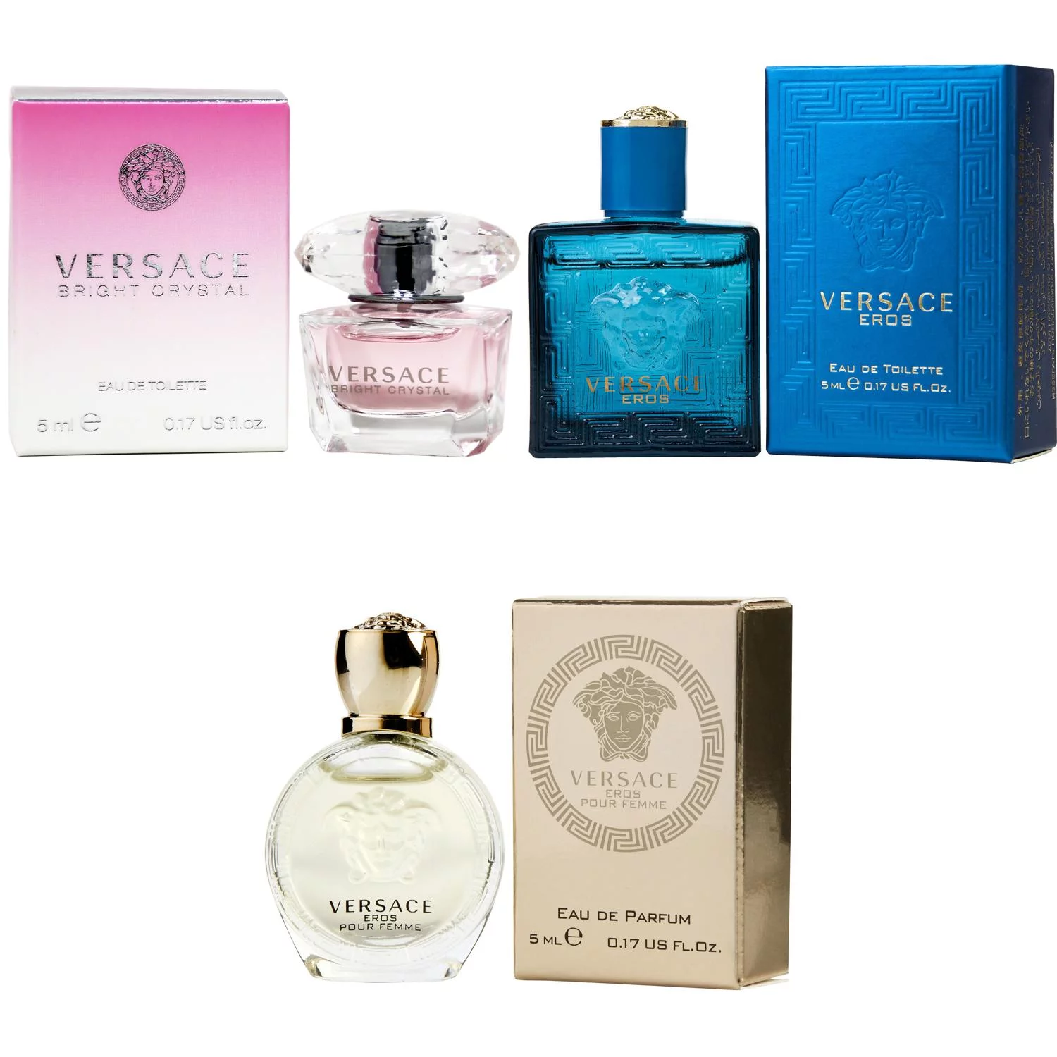 Versace Bright Crystal EDT, Eros Men EDT, Eros Women EDP  - 5ml 3PK Kit