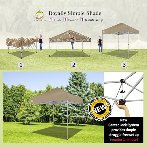 CROWN SHADES 10x10 Pop Up Canopy - Beach Tent with One Push Setup - Easy Outdoor Sun Shade for Events, Parties, Camping - Gazebo with STO-N-Go Cover Bag, Silver Coated Top, White