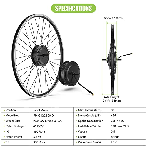 BAFANG 48V 500W Front Hub Motor Electric Bike Conversion Kit for 20“/26