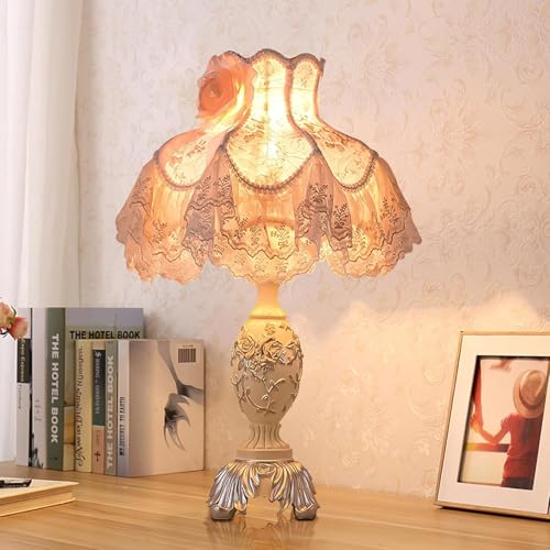 Pink European Style Desk Lamp with Fabric Shade,Victorian Table Lamp with E27 Bulb and Button Switch European Vintage Lamps for Bedroom Living Room Office Study