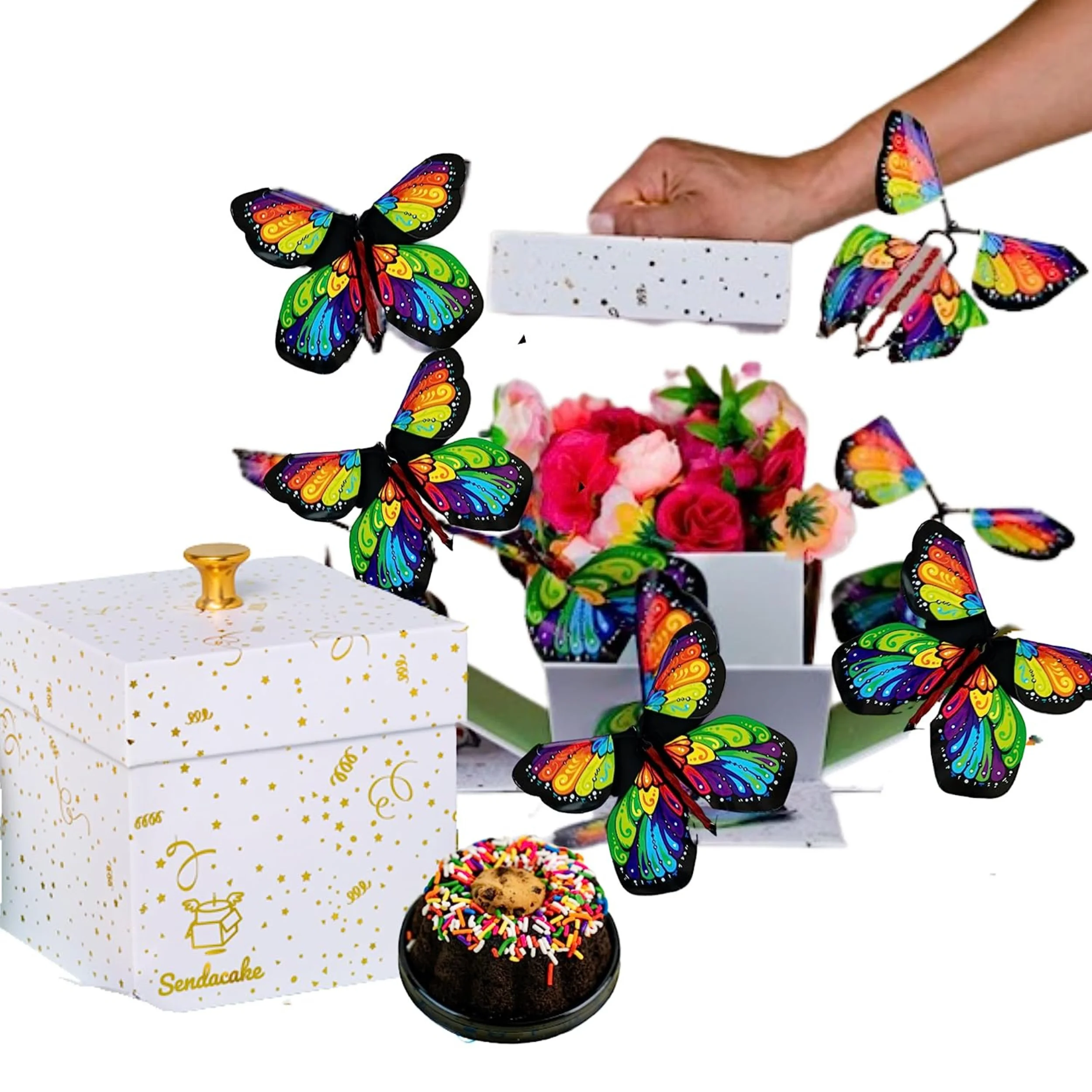 SendaCake White & Gold Foil Celebration Explosion Flying Butterfly Surprise, Cake & Flowers Gift Box - Birthday Gift for All Ages