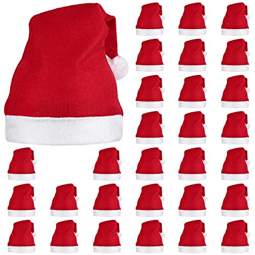 Elcoho 30 Pack Santa Red Hat Short Plush with White Cuffs Non-woven Fabric Christmas Hat