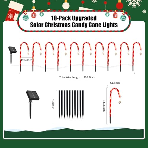 Christmas Decorations Outdoor, 10 Pcs Candy Cane Lights, Solar Pathway Lights with 8 Lighting Modes,100 Led Lights, Waterproof Garden Lights for Christmas Patio Yard Walkway Decorations