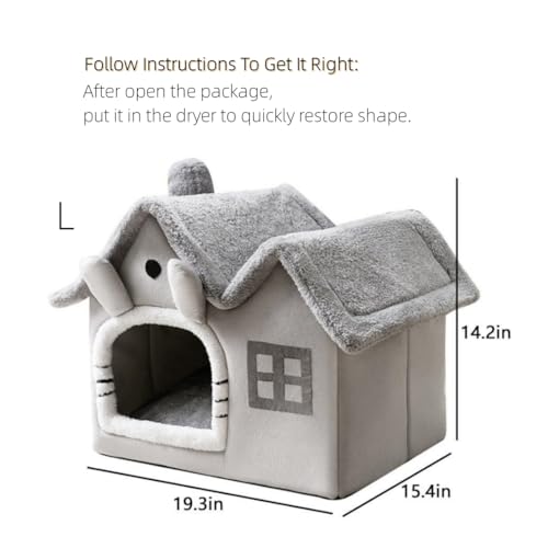 Luxury Double Roof Indoor Dog House Cat Nest,Foldable Warm Soft Kennel,30D High Elastic Memory Sponge,Removable Cushion and Non-Slip Bottom (Grey Double Roof, M)