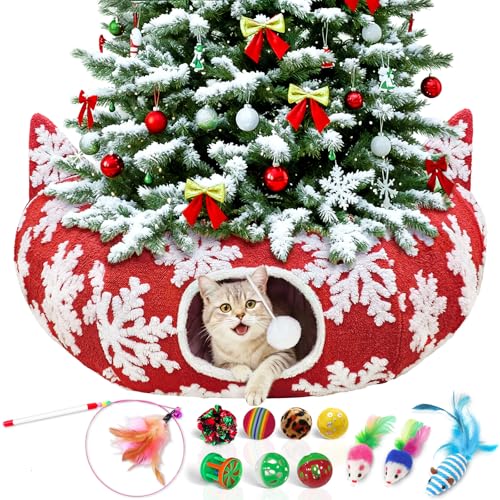 OurWarm Cat Tunnel Christmas Tree Skirt, Red Snowflake Cat Donut Tunnel Under Christmas Tree with Washable Mat & 11Pcs Cat Toys Interactive, Soft Plush Peekaboo Cave Bed for Indoor Cats Small Animals