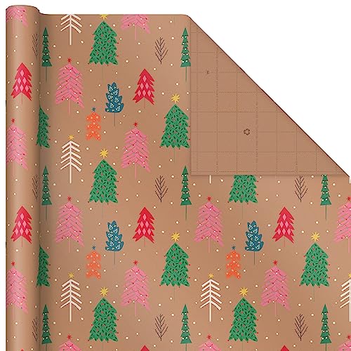 Hallmark Christmas Wrapping Paper Rolls, Brown Kraft Holiday Gift Wrap (Pack of 3: 90 sq. ft. ttl) Snowflakes, Pink Trees, 